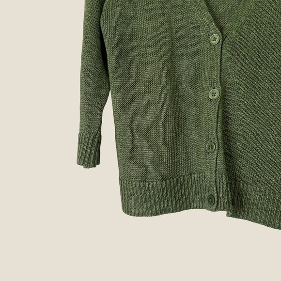 Talbots 100% Linen Green Loose Knit Button V Neck Cardigan 3/4 Sleeve Size M - Picture 4 of 8
